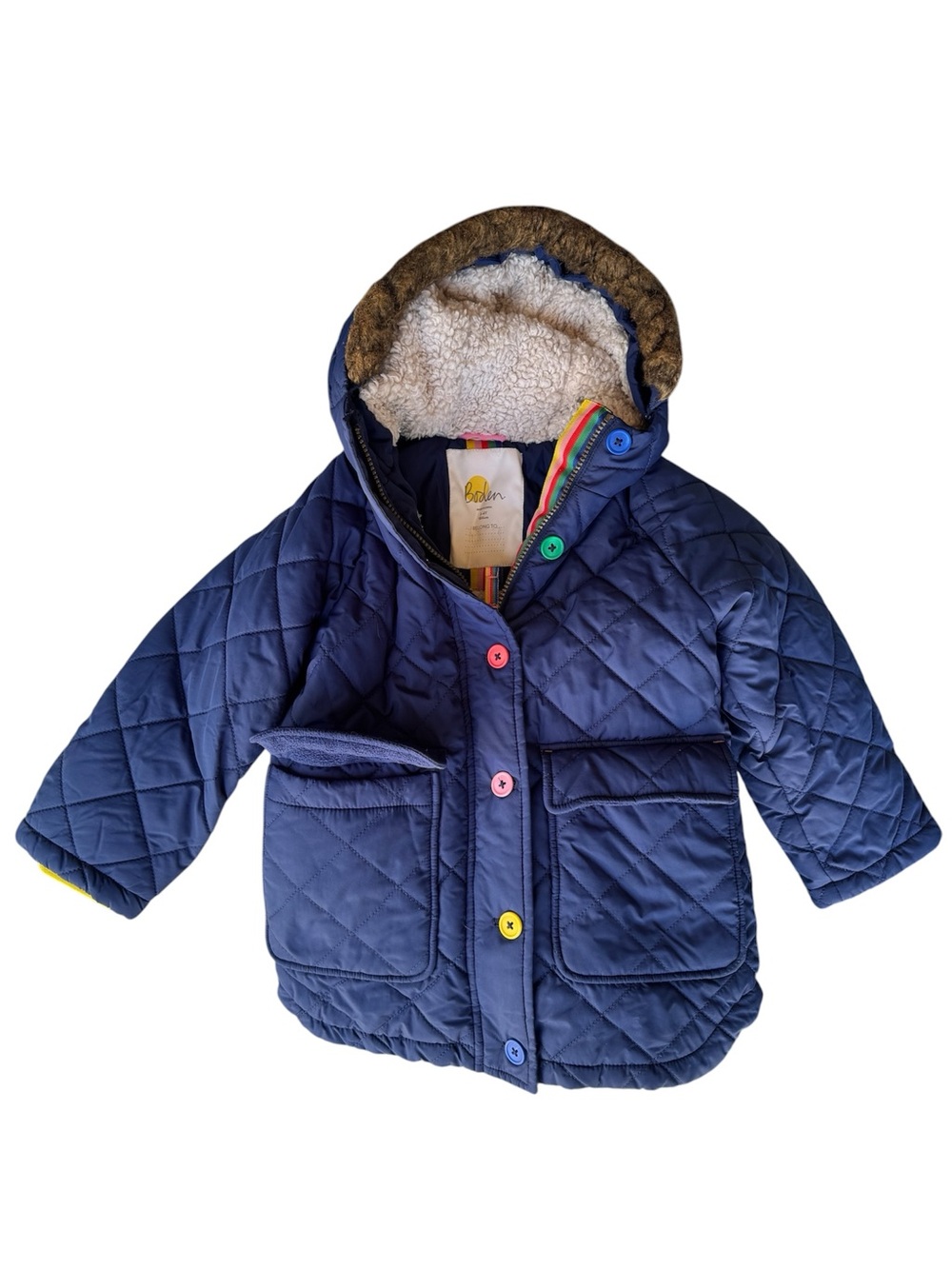 Boden Navy Quilted Jacket with Rainbow Trim and Colorful Buttons Kids Size 3/4T.